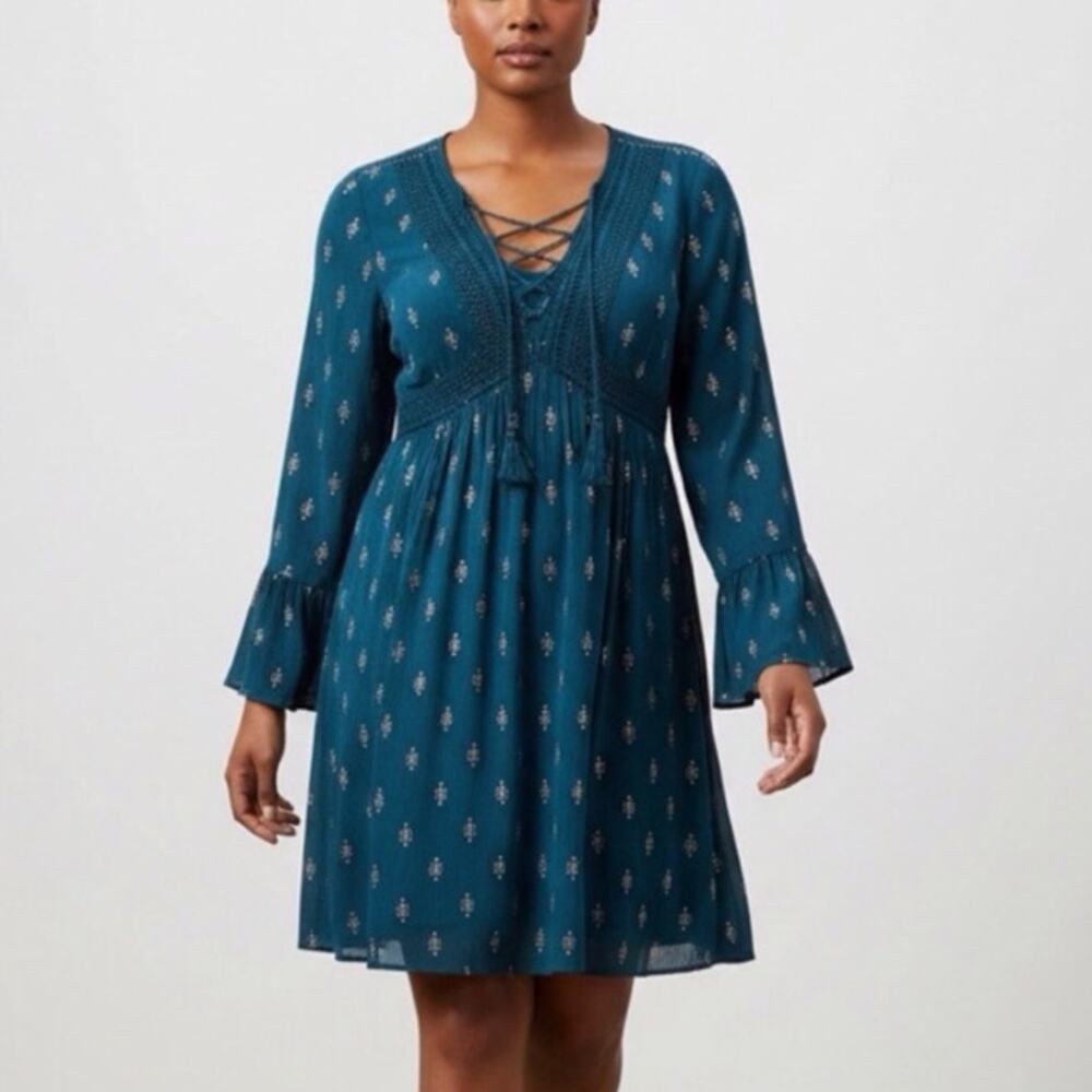 Torrid Teal Gauze Above Knee Skater Dress Lace-Up Boho Peasant Style